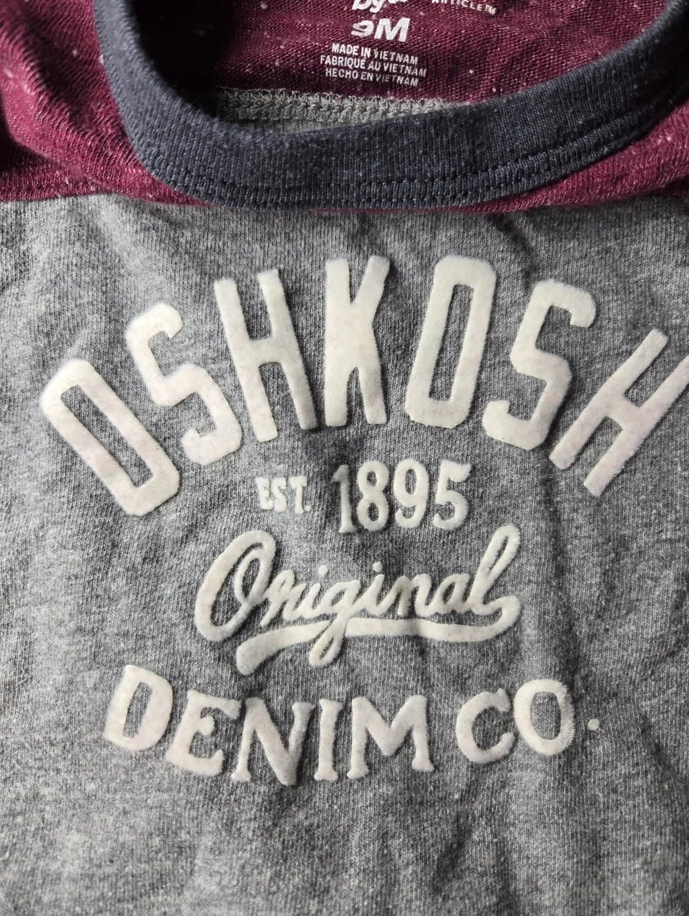 OshKosh B'gosh Burgundy Gray and White Varsity Logo Tee Baby Boy Size 9m NWOT